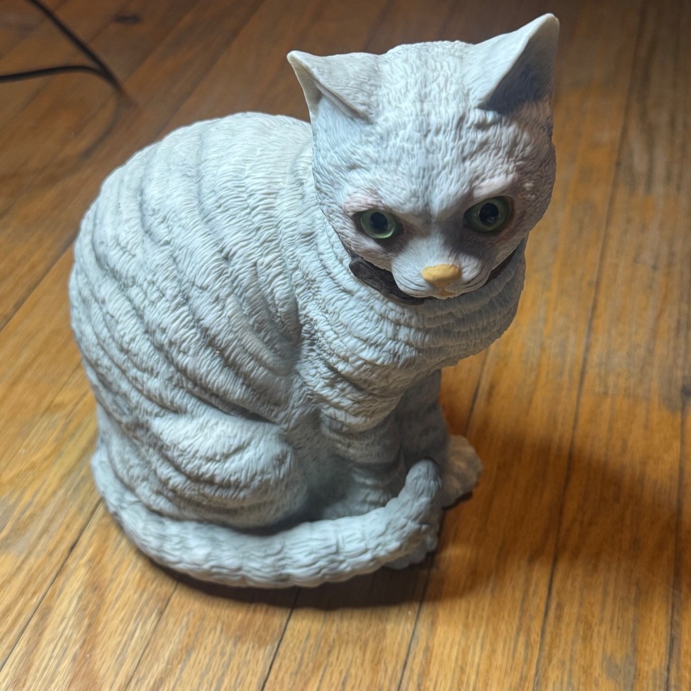 Vintage Textured White Cat Figurine Statue Ceramic Collar Incised Mark A 8"